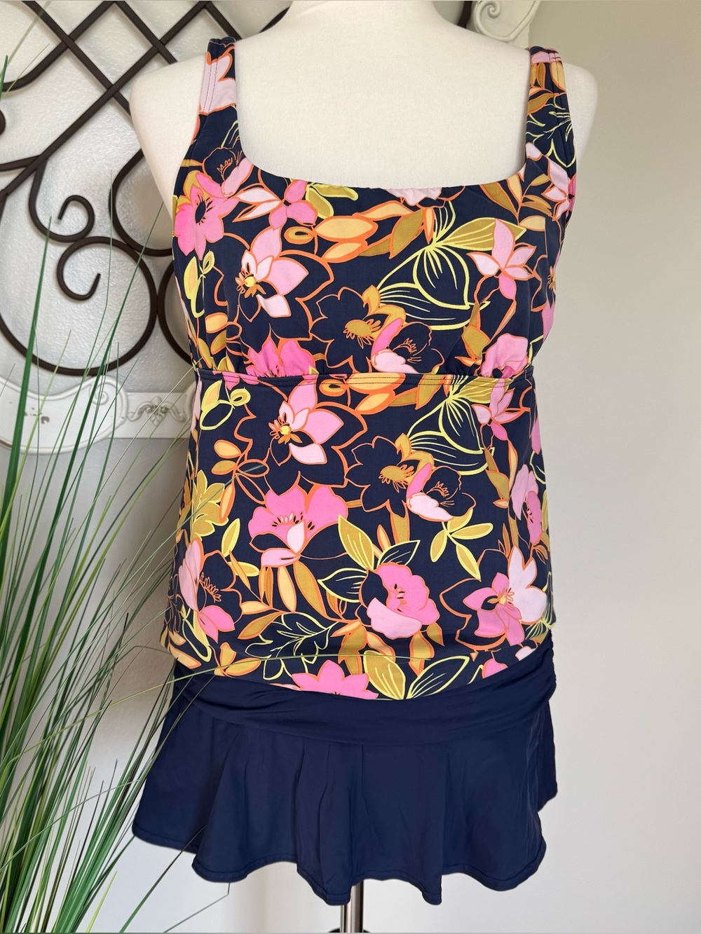 LANDS’ END Size 12 Tall / Long Tankini Swimsuit Set with Skirted Bottom